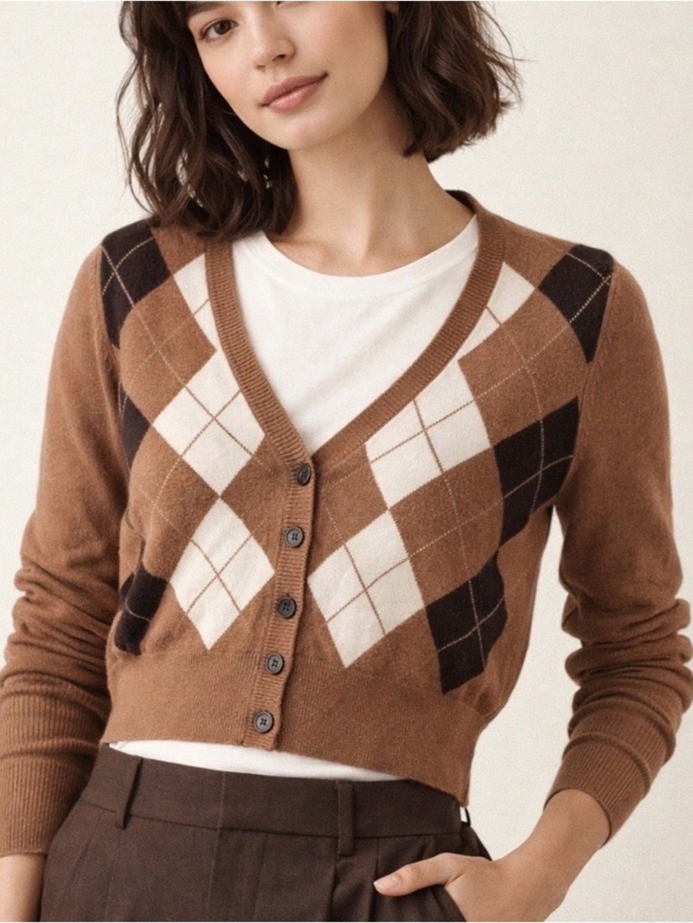 Favorite Daughter Tan/Brown Argyle Cardigan Sweater